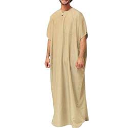 Risaho Herren Kaftan Sommer Islam Muslim Druck Robe Baumwolle Leinen Bunt Arabische Islamische Kleidung Indisch Muslimische Afrika Dubai Kaftan für Männer (W10-Khaki, XXXL) von Risaho