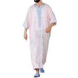 Risaho Kaftan Herren Abaya Muslimische Arabische Islamische Kleidung Lange Ärmel V-Ausschnitt Streifen Print Lose Lang Thobe (W11-Pink, L) von Risaho