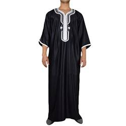 Risaho Kaftan Herren Abaya Muslimische Arabische Islamische Kleidung Lange Ärmel V-Ausschnitt Streifen Print Lose Lang Thobe (W7-Black, M) von Risaho