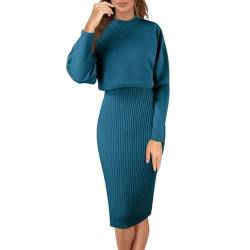 Risaho Kleid Herbst Damen Strickkleid Zweiteiliger Anzug Pullover Oberteil und Kleid Bodycon 2 Stück Set Sweater Midikleid Pullikleid Gestrickt Kleid Set (W1-Blue, One Size) von Risaho