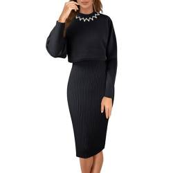 Risaho Kleid Herbst Damen Strickkleid Zweiteiliger Anzug Pullover Oberteil und Kleid Bodycon 2 Stück Set Sweater Midikleid Pullikleid Gestrickt Kleid Set (W5-Black, One Size) von Risaho