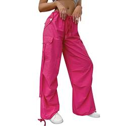 Risaho Y2k Pants Fallschirmhosen Teenager Baggy Cargohose Damen Weites Bein Track Pants Vintage Baggy Hosen für Frauen Streetwear Elastische Taille Parachute Pants (09-Hot Pink, L) von Risaho