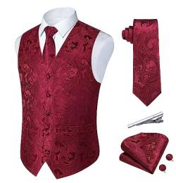 Rithern Herren Anzug Westen Burgund Paisley Westen Krawatten und Einstecktuch Set Seide Hochzeit Weste Business Anzug Weste 4XL von Rithern