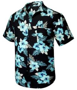 Rithern Herren Hawaii-Hemd Kurzarm Sommer Casual Hemden Blumen Freizeithemden für Urlaubs Surf Knopfleiste Hemd Schwarz & Blau S von Rithern
