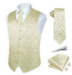 Rithern Herren Weste Paisley Floral Jacquard Seide Krawatte Einstecktuch Taschentuch Set mit Manschettenknöpfen und Krawattenklammer Set für Hochzeitsfeier Anzug Weste Set Beige XXXL von Rithern