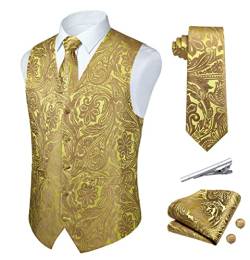 Rithern Herren Weste Paisley Floral Jacquard Seide Krawatte Einstecktuch Taschentuch Set mit Manschettenknöpfen und Krawattenklammer Set für Hochzeitsfeier Anzug Weste Set Gold XXL von Rithern