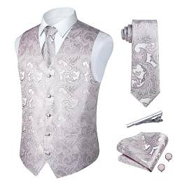 Rithern Herren Weste Paisley Floral Jacquard Seide Krawatte Einstecktuch Taschentuch Set mit Manschettenknöpfen und Krawattenklammer Set für Hochzeitsfeier Anzug Weste Set Grau L von Rithern