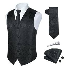 Rithern Herren Weste Paisley Floral Jacquard Seide Krawatte Einstecktuch Taschentuch Set mit Manschettenknöpfen und Krawattenklammer Set für Hochzeitsfeier Anzug Weste Set Grau L von Rithern