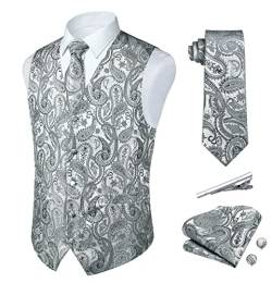 Rithern Herren Weste Paisley Floral Jacquard Seide Krawatte Einstecktuch Taschentuch Set mit Manschettenknöpfen und Krawattenklammer Set für Hochzeitsfeier Anzug Weste Set Grau L von Rithern