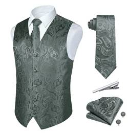 Rithern Herren Weste Paisley Floral Jacquard Seide Krawatte Einstecktuch Taschentuch Set mit Manschettenknöpfen und Krawattenklammer Set für Hochzeitsfeier Anzug Weste Set Grau M von Rithern