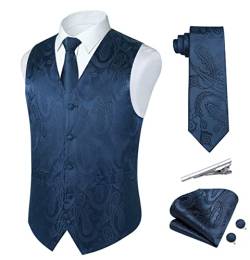 Rithern Herren Weste Paisley Floral Jacquard Seide Krawatte Einstecktuch Taschentuch Set mit Manschettenknöpfen und Krawattenklammer Set für Hochzeitsfeier Anzug Weste Set Navy blau S von Rithern