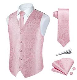 Rithern Herren Weste Paisley Floral Jacquard Seide Krawatte Einstecktuch Taschentuch Set mit Manschettenknöpfen und Krawattenklammer Set für Hochzeitsfeier Anzug Weste Set Rosa XXL von Rithern