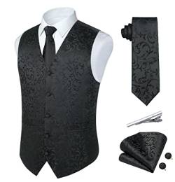 Rithern Herren Weste Paisley Floral Jacquard Seide Krawatte Einstecktuch Taschentuch Set mit Manschettenknöpfen und Krawattenklammer Set für Hochzeitsfeier Anzug Weste Set Schwarz L von Rithern