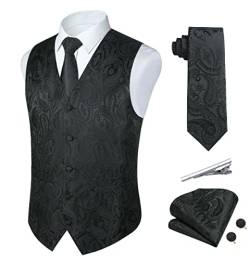 Rithern Herren Weste Paisley Floral Jacquard Seide Krawatte Einstecktuch Taschentuch Set mit Manschettenknöpfen und Krawattenklammer Set für Hochzeitsfeier Anzug Weste Set Schwarz M von Rithern