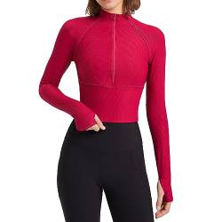 Riujater Damen Sports Crop Tops Langarm Laufshirt Sportshirt 1/2 Reißverschluss Pullover Training Gym Yoga Crop Oberteil Atmungsaktive Leicht Fitness Funktionsshirt mit Daumenloch von Riujater