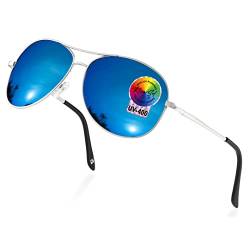 RivaSol Metallrahmen, verspiegelt, polarisierte Sonnenbrille, UV400, mit Kunstleder-Etui, für Herren und Damen, Unisex, Designer-Modebrille, Pilot, Blauer Spiegel von RivaSol