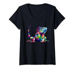 Damen Bunte Pop-art-leguan-leguane T-Shirt mit V-Ausschnitt von Rivartdale Designs