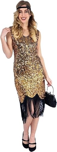 Ro Rox 1920er Abendkleid Kleid Flapper Ballkleider Cocktailkleid Damen Marlise Great Gatsby Party Vintage Retro, Gold, XXL von Ro Rox