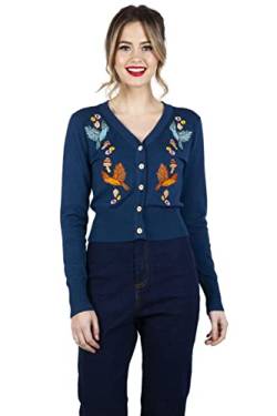 Voodoo Vixen Ginny Woodland 1940er Strickjacke Retro Vintage Vögel Niedlicher Kitsch, Blau, XS von Ro Rox