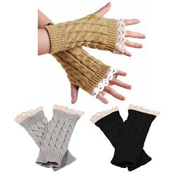 RoadLoo Handschuhe Armstulpen Damen, 3 Paar Damen Fingerlose Handschuhe Winter Halb Fingerhandschuhe Winterhandschuhe Wärmer Strick Fingerlose Fäustlinge Armstulpen Pulswärmer Handschuhe für Frauen von RoadLoo