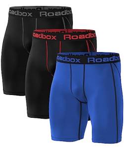 Roadbox 3er Pack Herren Kompressionsshorts, Schnelltrocknendes Baselayer Unterhose Tights Kurz Hose Laufunterwäsche 3XL 3er Pack: Schwarz, Schwarz (Roter Streifen), Blau von Roadbox