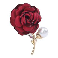 Exquisiter Kunstperlenschmuck, Statement-Corsage-Stück, elegante Strass-Stoff-Blumenbrosche, raffinierte Anstecknadel für Frauen, leicht, perfekt für die Party Rot von Roadoor