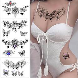 ROARHOWL sexy temporäre Tattoos für Frauen, sexy Tattoo, schön und exquisit, 3D realistische Blumen, Schmetterlinge, Bauch, Brust, Taille und Rücken wenden falsche Tattoos für Mädchen an (2) von Roarhowl