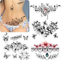 ROARHOWL sexy temporäre Tattoos für Frauen, sexy Tattoo, schön und exquisit, 3D realistische Blumen, Schmetterlinge, Bauch, Brust, Taille und Rücken wenden falsche Tattoos für Mädchen an (3) von Roarhowl