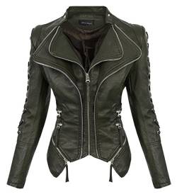 Rock Creek Damen Kunstleder Jacke Übergangs Jacke Leder Optik Bikerjacke D-365 [WS-967 Khaki S] von Rock Creek