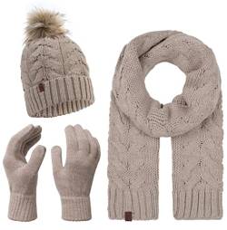 Rock Creek Winter Mütze mit Bommel Schal Set Geschenkset Wintermütze Winterschal Winterhandschuhe Herrenmütze Damenmütze U-101 Beige Einheitsgröße von Rock Creek