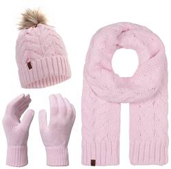 Rock Creek Winter Mütze mit Bommel Schal Set Geschenkset Wintermütze Winterschal Winterhandschuhe Herrenmütze Damenmütze U-101 Rosa Einheitsgröße von Rock Creek