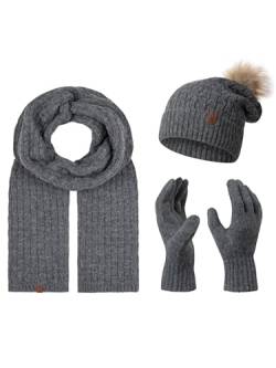 Rock Creek Winter Mütze mit Bommel Schal Set Geschenkset Wintermütze Winterschal Winterhandschuhe Herrenmütze Damenmütze U-102 Dunkelgrau Einheitsgröße von Rock Creek