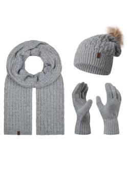 Rock Creek Winter Mütze mit Bommel Schal Set Geschenkset Wintermütze Winterschal Winterhandschuhe Herrenmütze Damenmütze U-102 Grau Einheitsgröße von Rock Creek