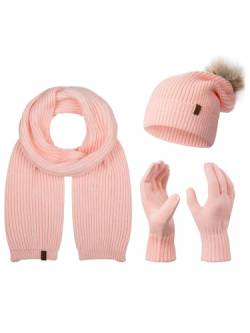 Rock Creek Winter Mütze mit Bommel Schal Set Geschenkset Wintermütze Winterschal Winterhandschuhe Herrenmütze Damenmütze U-103 Rosa Einheitsgröße von Rock Creek