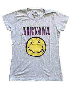 Nirvana T Shirt Smile Rosa Band Logo offiziell Damen Skinny Fit Heather Grau XL von Rockoff Trade