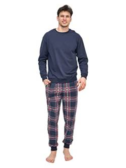 Rocks Me Baby RM-B Herren Schlafanzug Lang mit Bündchen Zweiteiliger einfarbiger Oberteil mit Rundhals und Karierte Hose mit Taschen - Baumwolle Pyjama Regular Fit, Größe L, Dunkel Blau von Rocks Me Baby