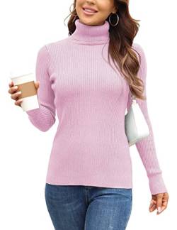 Rocorose Damen Gerippter Rollkragenpullover Langarm Gestrickt Solide Pullover - Pink - Groß von Rocorose