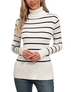 Rocorose Damen Gerippter Rollkragenpullover Langarm Strick Solid Pullover, Weiß & Schwarz, Groß von Rocorose