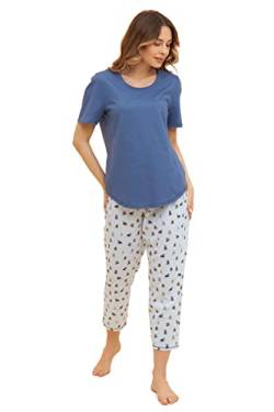 Rösch Pyjama mit verspieltem Hunde-Druck 7/8-Hose Blau Ziernähte 100% Baumwolle 1233103 38 16085 von Rösch