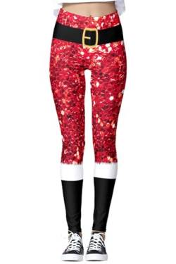 Roevite Weihnachts-Leggings für Damen, niedlich, 3D-Druck, hohe Taille, Urlaubsstrumpfhose, schmale Passform, dehnbare Hose, Bling Rot, S/M von Roevite