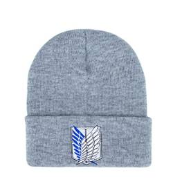 Roffatide Anime Attack on Titan Schädelkappen Bestickter Totenkopf-Hut Wings of Liberty Beanie-Kappe Winter-Strickmütze Grau von Roffatide