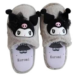 Roffatide Anime Cute Plush Floor Slippers Girls Indoor Schuhe Fuzzy Slippers mit Gummisohle für Frauen Black Lace von Roffatide
