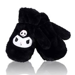 Roffatide Anime Handschuh Kuromi Fuzzy Fäustlinge Plüsch-Fleece-Fäustlinge mit vollem Finger Schwarze Handschuhe mit Winterstickerei von Roffatide