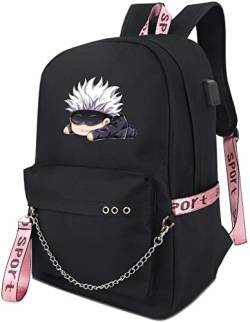 Roffatide Anime Jujutsu Kaisen Rucksack Gojo Satoru Büchertasche Laptop-Schultasche mit USB-Ladeanschluss und Kopfhöreranschluss von Roffatide