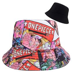 Roffatide Anime One Piece Packable Bucket Hat Angelmütze mit Graffiti-Ruffy-Print Wendbarer Doppelseitiger Sonnenhut für Damen und Herren von Roffatide