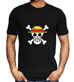 Roffatide Anime One Piece Straw Hat Pirates T-Shirt für Männer 100% Baumwolle Sommer T-Shirt Gedruckt Kurzarm T-Shirt Schwarz S von Roffatide