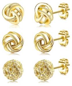 Roheafer 3 Stück Gold Ohrringe für Frauen Mädchen 14K Vergoldet Gewebte Kugel Ohrstecker Love Knot Post Ohrringe für Empfindliche Ohren von Roheafer