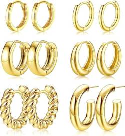 Roheafer 6 Paare klobige Gold Hoop Ohrringe für Frauen kleine Huggie Hoop Ohrringe 14K Echtgold plattiert leichtes Hypoallergen offen verdrehte Hoop Ohrringe von Roheafer