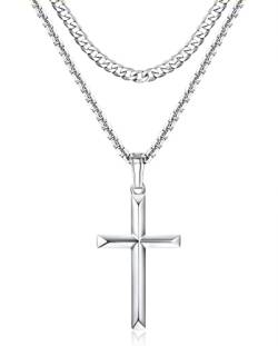 Roheafer 925 Sterling Silber Kreuz Anhänger Geschichtet Halskette für Herren Damen mit 5mm Edelstahl Cuban Link Kette und Box Kette Silber/Gold Kreuz Kette Halskette für Männer Schmuck 46-56cm von Roheafer