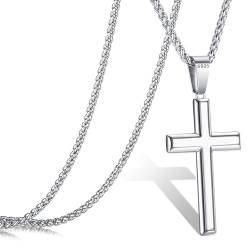 Roheafer 925 Sterling Silber Kreuz Kette Herren 2.5 mm Weizenkette aus Edelstahl Halskette Kruzifix-Anhänger 18K Weißgold Polierte Abgeschrägte Kante Kreuzkette Halskette für Herren Frauen 61cm von Roheafer